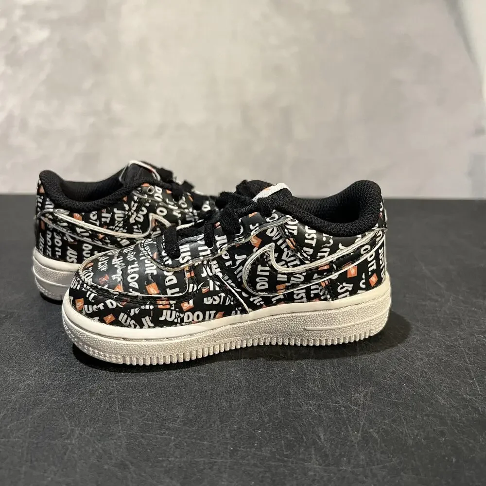 Nike Air Force 1 Shoes Kids Size 7C Black White Just Do It JDI All Over Logo AF1